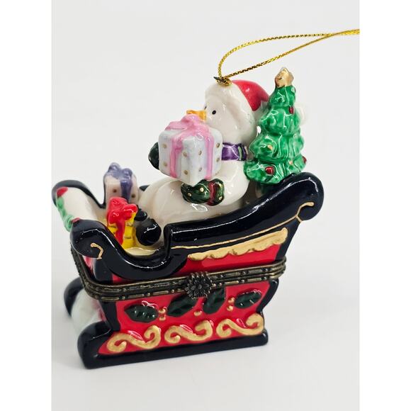 Vintage Ceramic Snowman Santa's Sleigh Frosty Hinged Trinket Box 3x2.5" - Picture 2 of 10